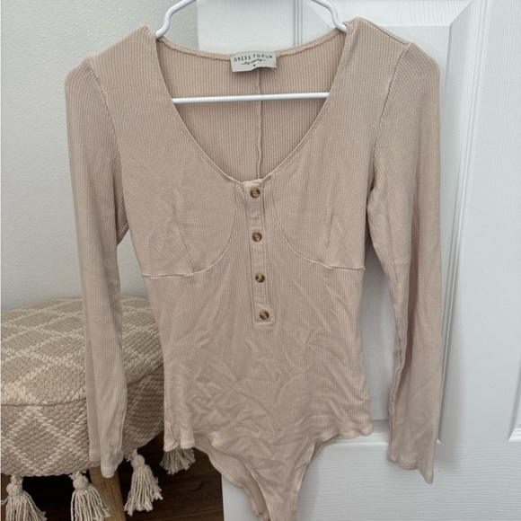 Tops - Dress Forum Beige Long Sleeve Bodysuit